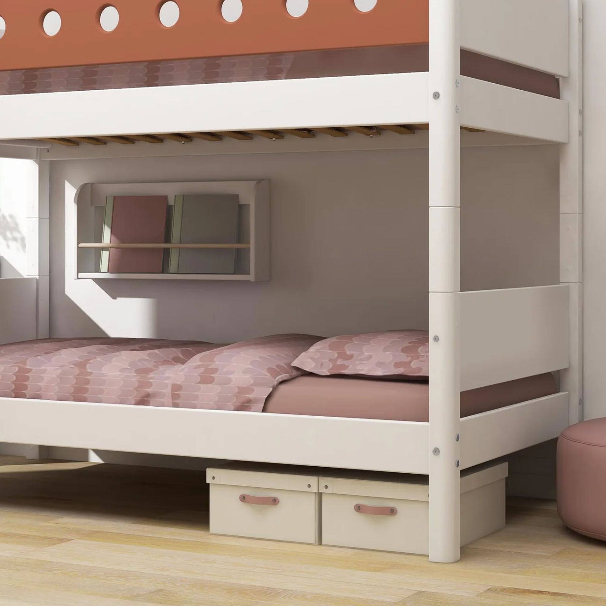 Vaikiška dviaukštė lova su tiesiomis kopėčiomis White | Blush - 154 x 109 x 210 cm - little-goose.com