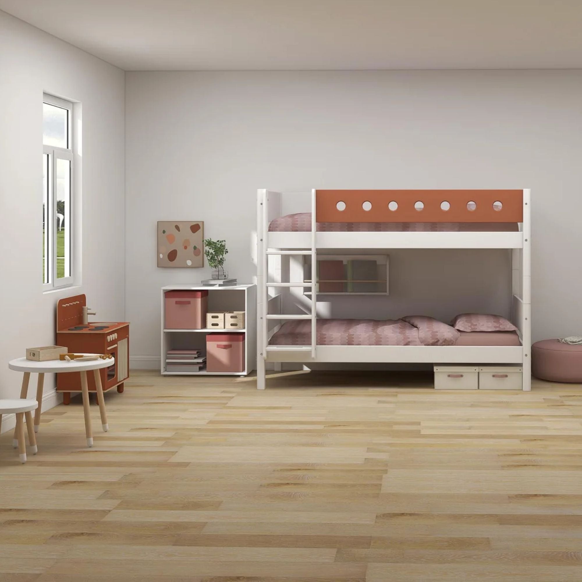 Vaikiška dviaukštė lova su tiesiomis kopėčiomis White | Blush - 154 x 109 x 210 cm - little-goose.com