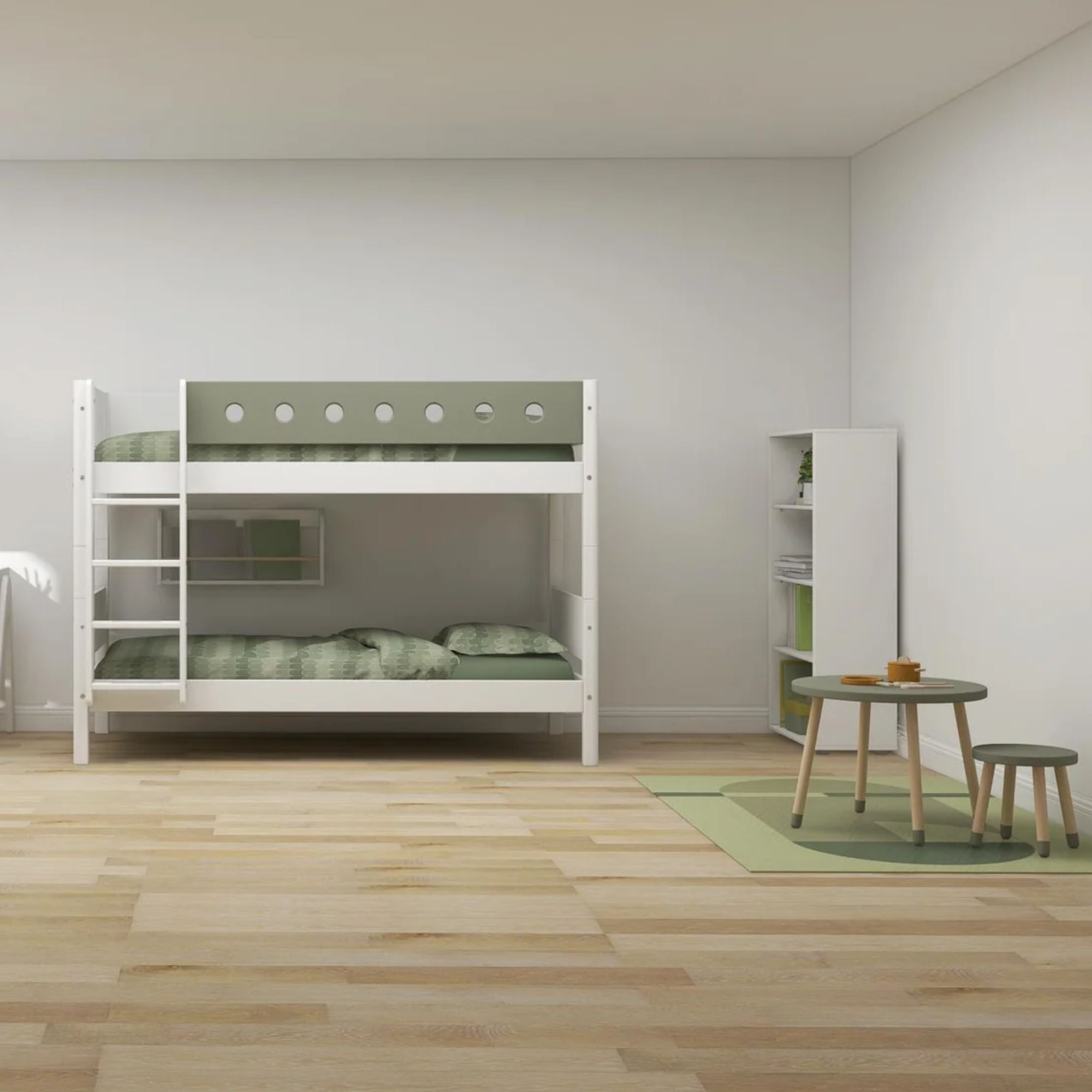 Vaikiška dviaukštė lova su tiesiomis kopėčiomis White | Natural Green - 184 x 109 x 210 cm - little-goose.com