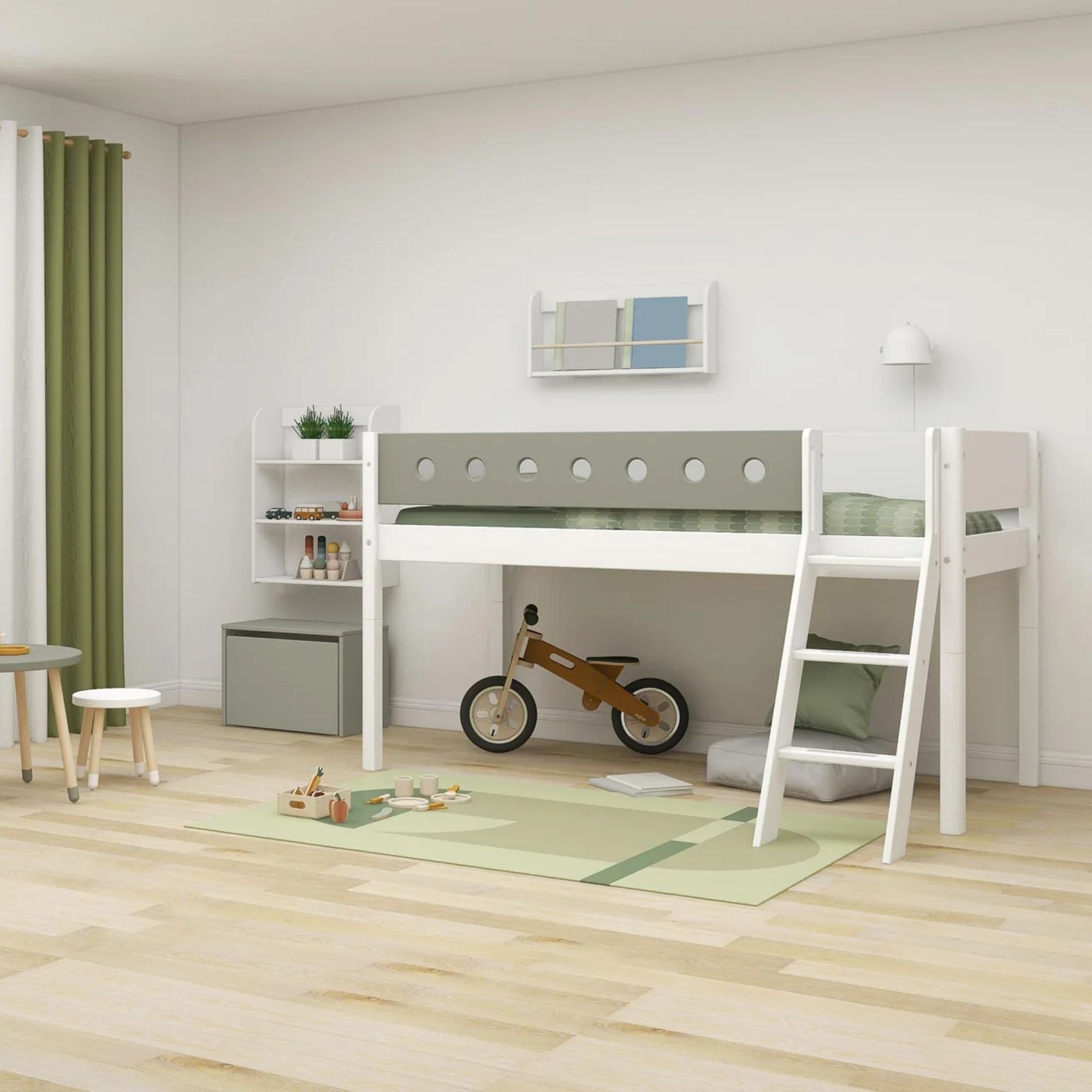 Vaikiška lova su nuožulniomis kopėčiomis White | Natural Green - 143 x 159 x 210 cm - little-goose.com