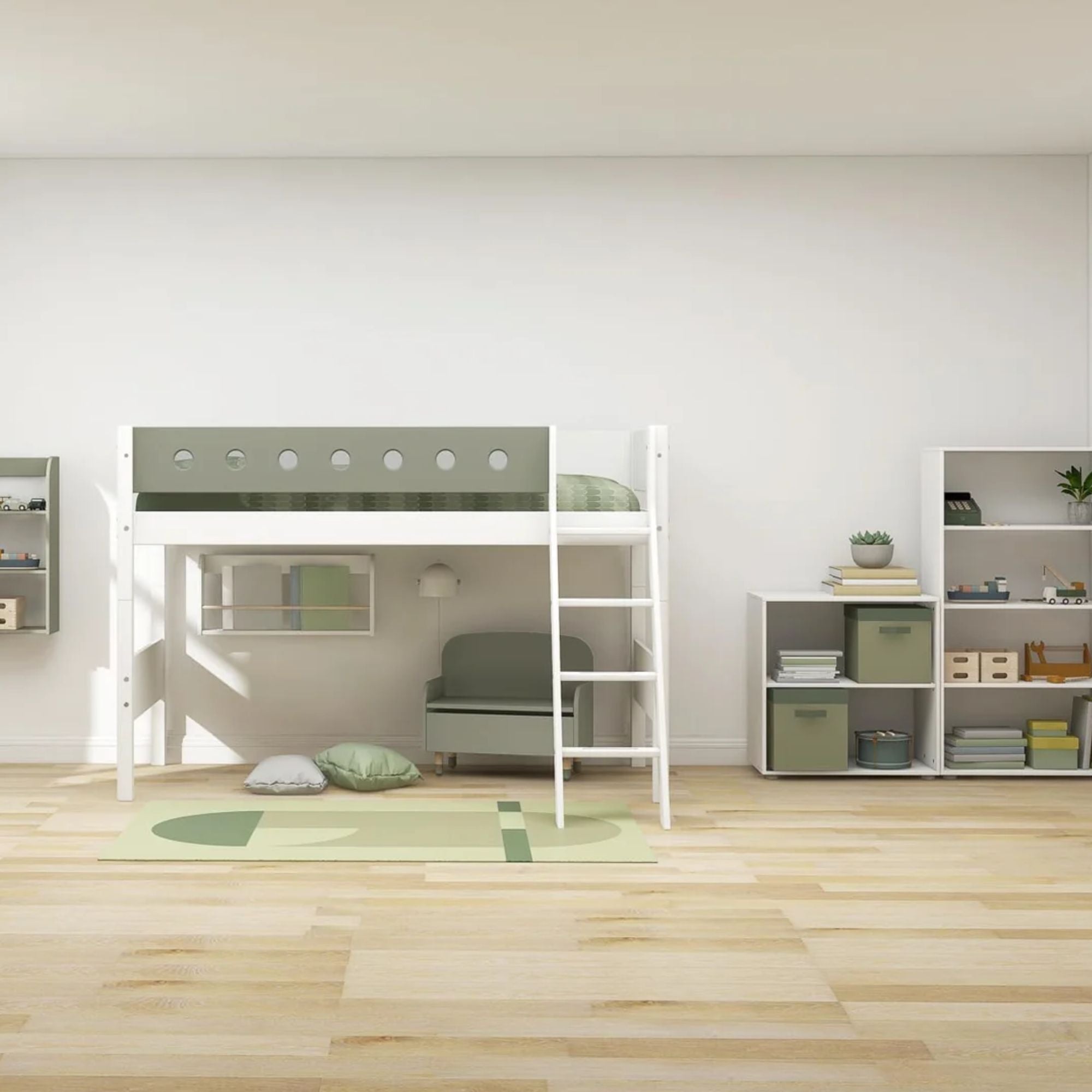 Vaikiška lova su nuožulniomis kopėčiomis White | Natural Green - 143 x 159 x 210 cm - little-goose.com